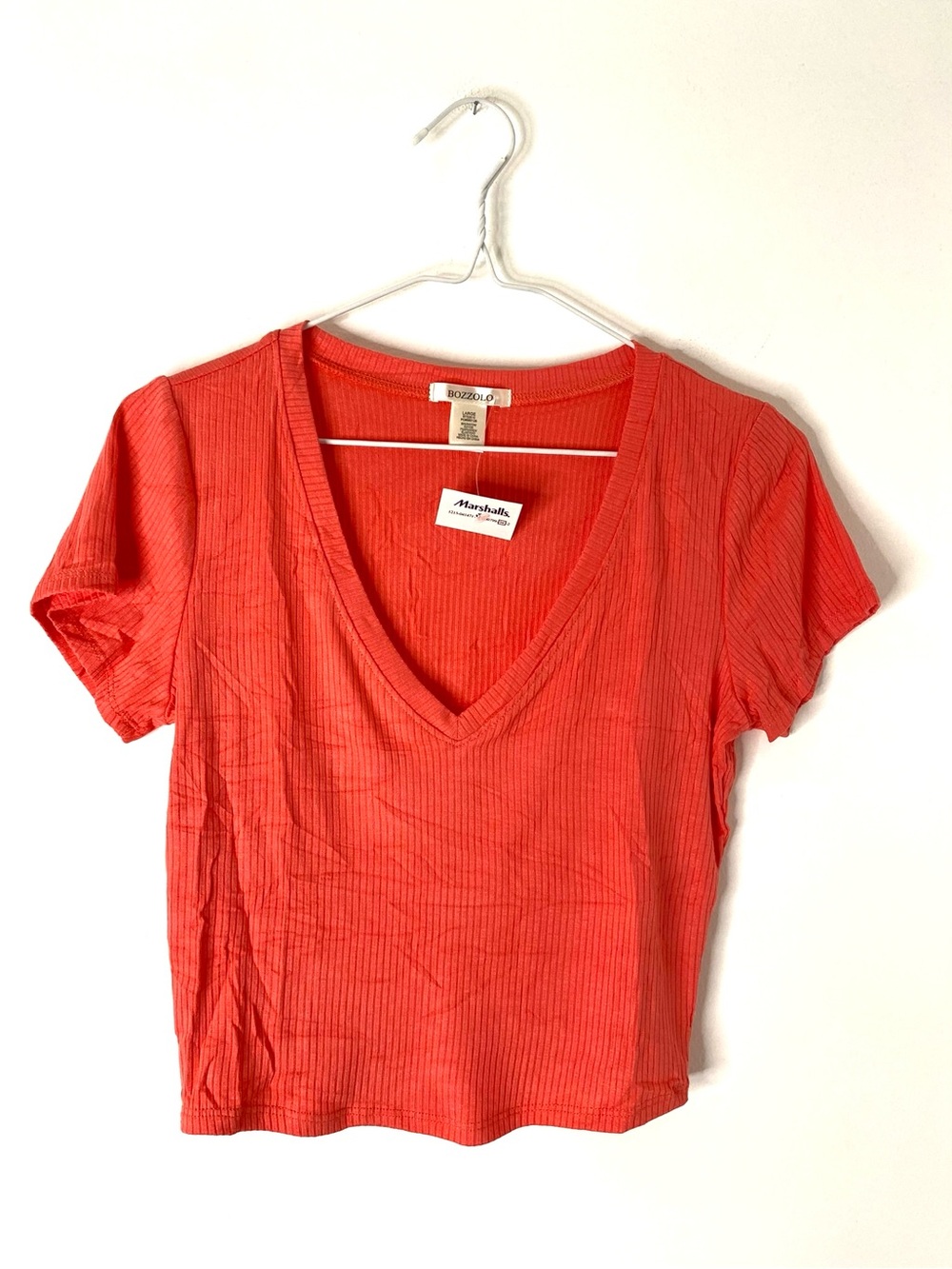 Orange Ribbed Deep V Neck Stretch Crop Tee Bozzolo NWT